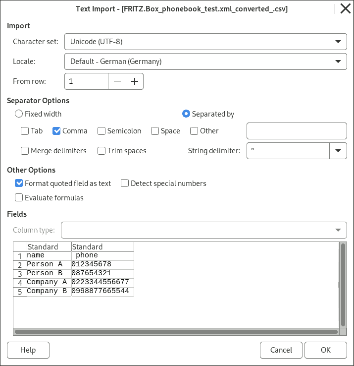 screenshot: import .csv-files settings in LibreOffice
